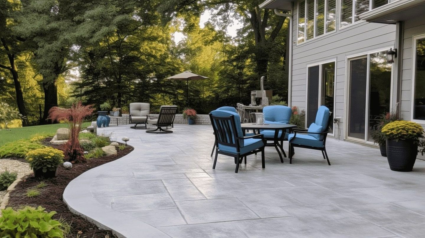 A patio with a table and chairs in front of a house.