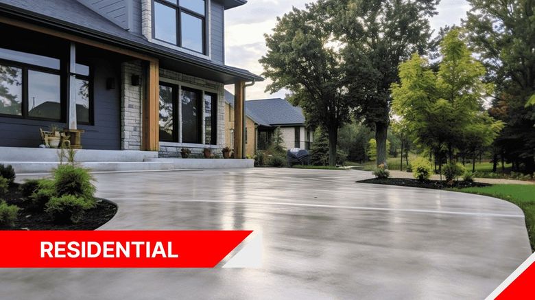 A residential driveway with a large house in the background.