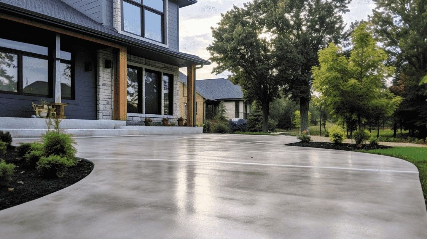 A concrete driveway leading to a large house with trees in the background.