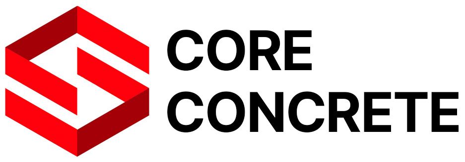 The logo for core concrete is a red and white hexagon.