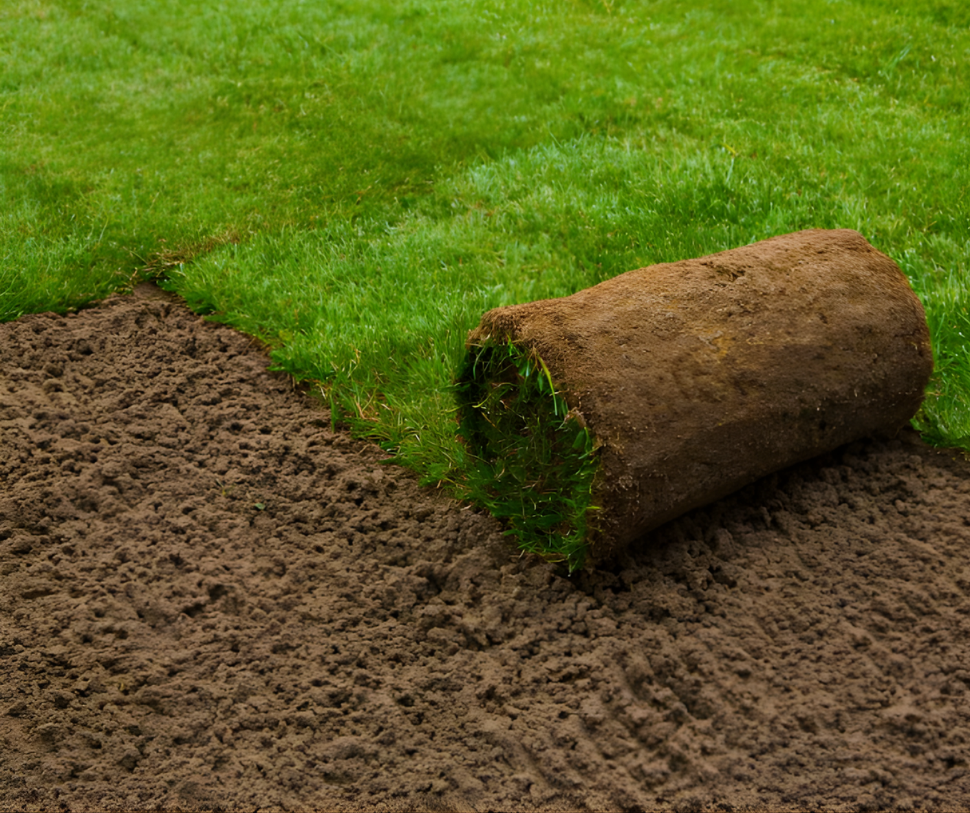 Rolled-up sod being laid over bare soil beside a green lawn