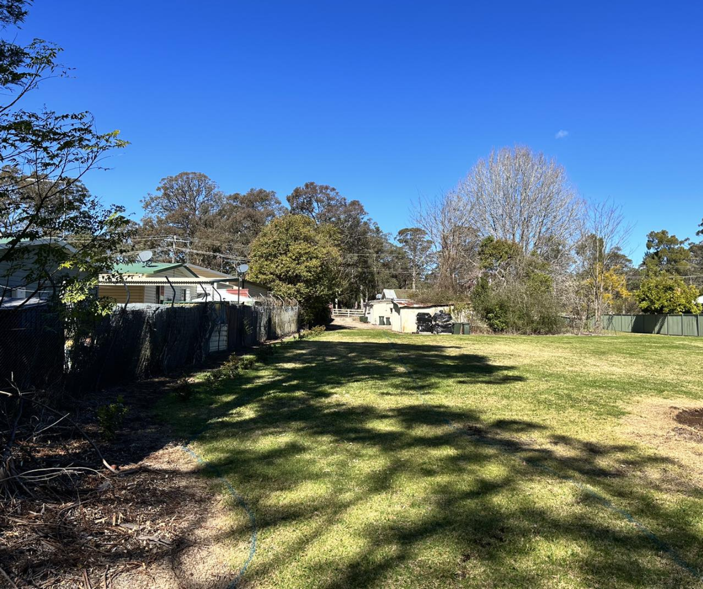 Sunny grassy backyard with trees, a fence, and small houses under a clear blue sky Sunny grassy backyard with trees, a fence, and small houses under a clear blue sky