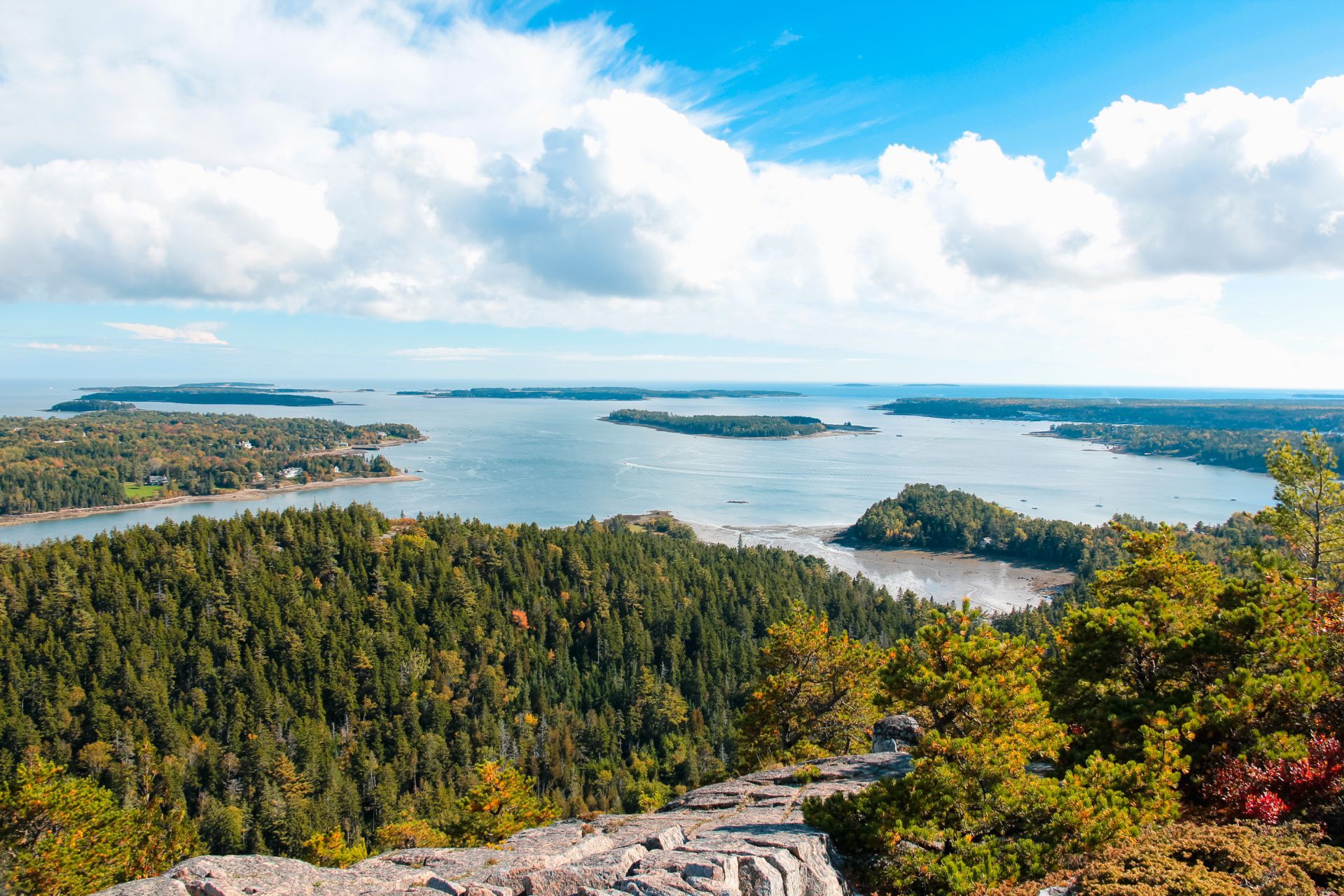A view of a large body of water surrounded by trees from a cliff.