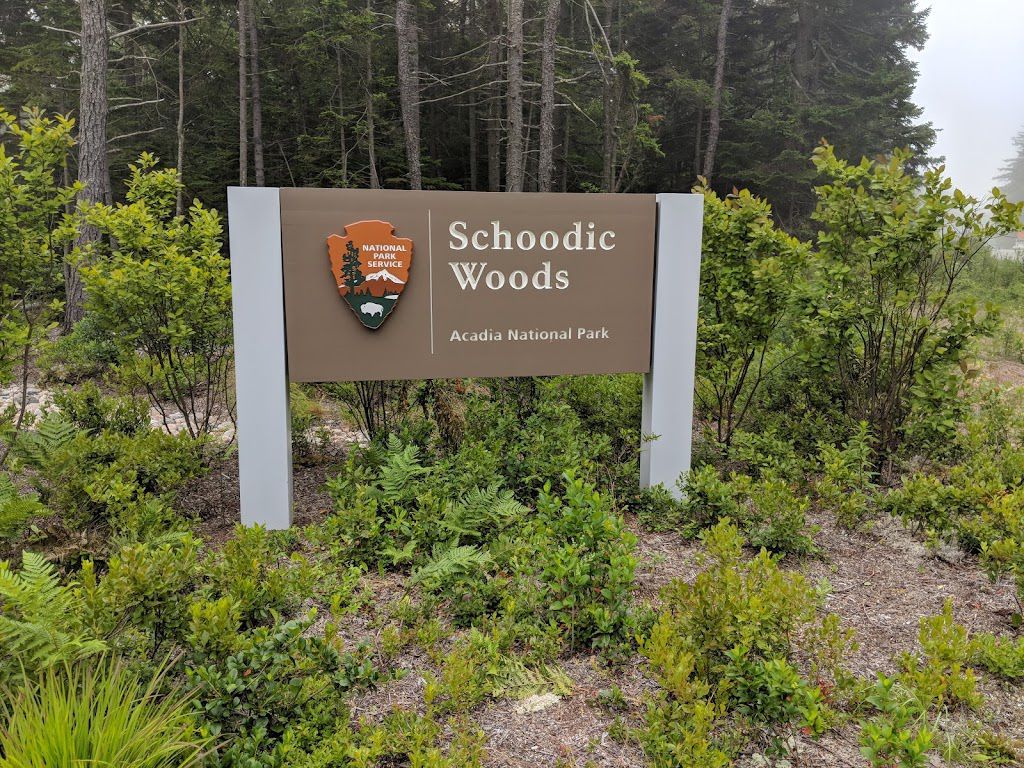 A sign for schoolic woods is surrounded by trees and bushes.