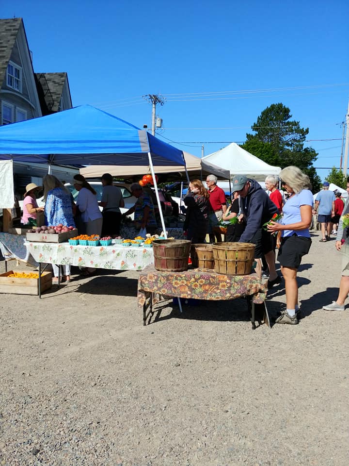 A group of people are shopping at a farmers market