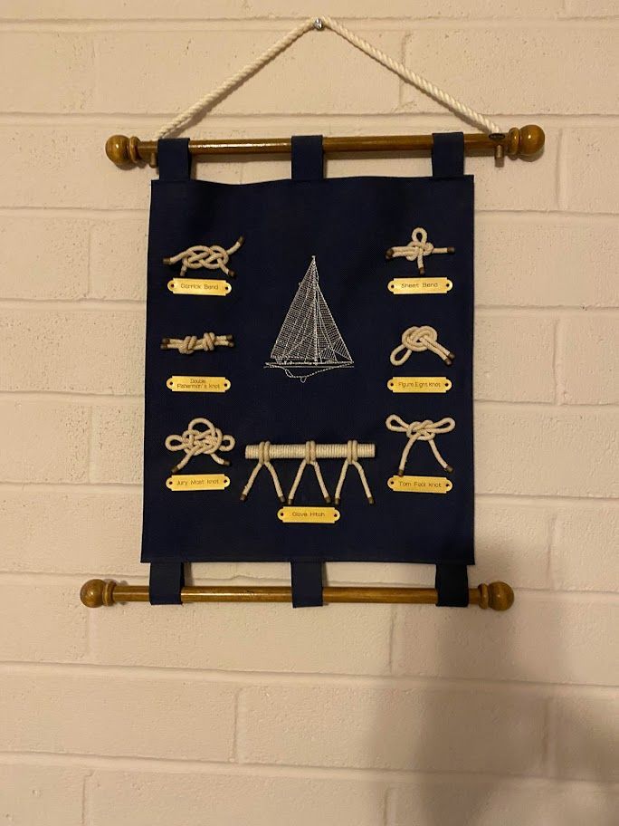 A blue banner with knots and a sailboat on it