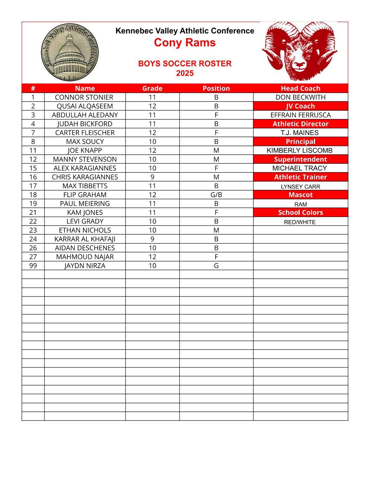 Boy's soccer roster for Cory Rams 2023 with player names, jersey numbers, and coach information.