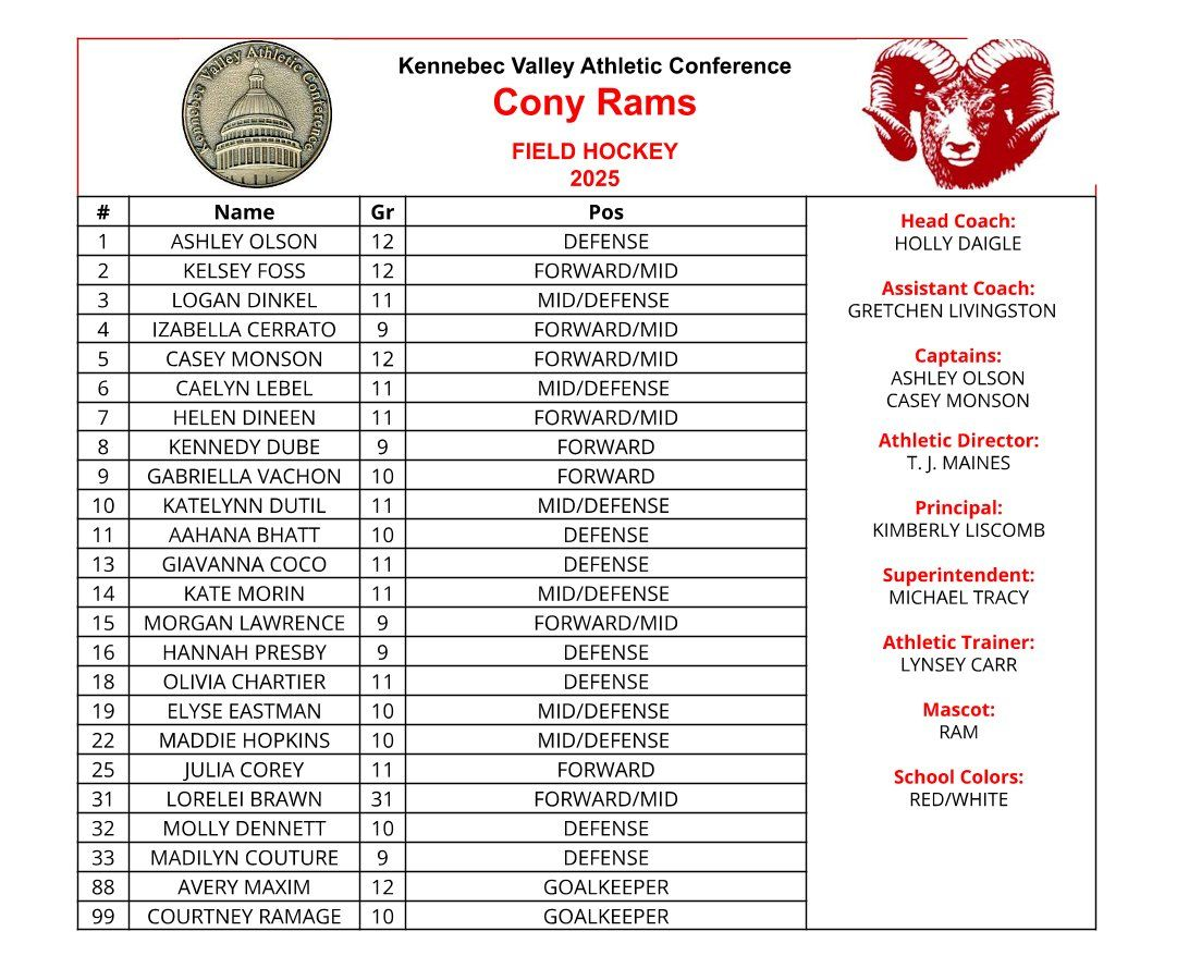 Cony Rams field hockey roster for 2025, listing players' names, grades, and positions.