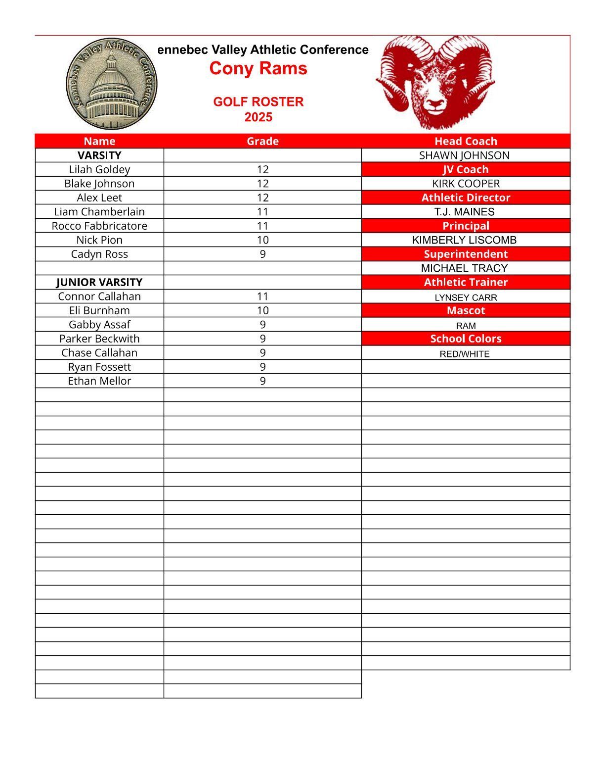 Golf roster for Cony Rams team, with player names, grades, and contact information.