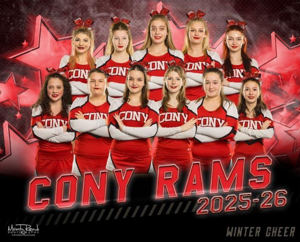 Cony Rams cheerleaders in red uniforms with crossed arms. 