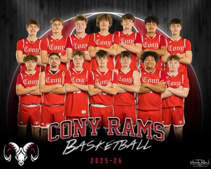 Coney Rams basketball team photo in red uniforms with crossed arms. Team logo and 