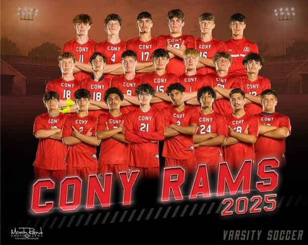 Cony Rams 2025 varsity soccer team in red uniforms posing together.