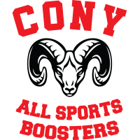 Red "CONY" over a ram's head logo, with "ALL SPORTS BOOSTERS" below, all on white.