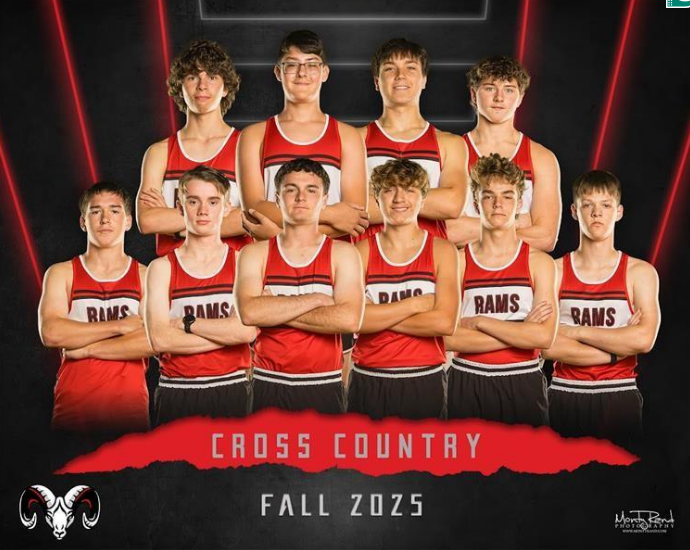 Cross country team in red and black uniforms; team photo, 