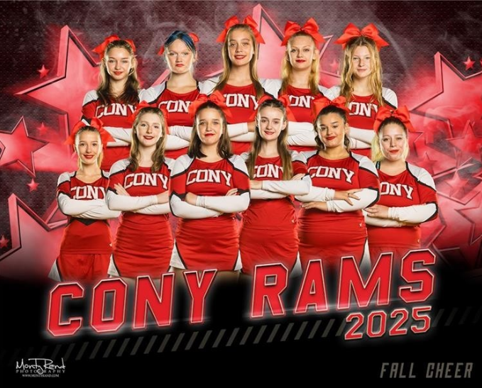 Cony Rams cheerleaders in red and white uniforms, arms crossed. Stars and 