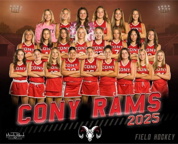 Cony Rams field hockey team 2025 in red uniforms, posed group photo on a field.