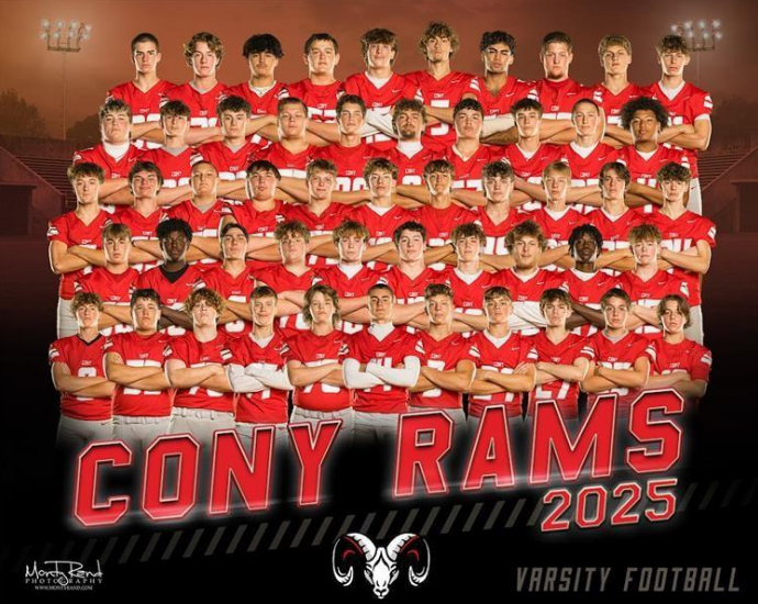 Cony Rams 2025 varsity football team in red uniforms posing for a group photo.