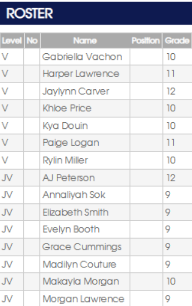 Roster of students: names, levels (V/JV), and grades.