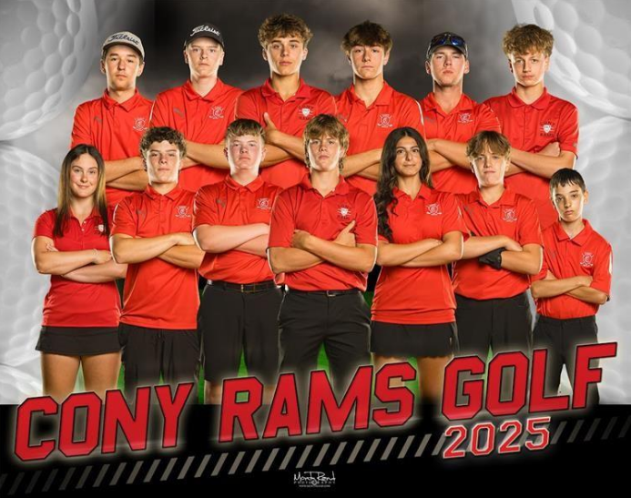 Group of teens in red shirts, posing for a Cony Rams Golf team photo, year 2025.