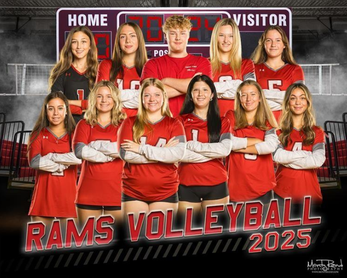 Rams Volleyball team, 2025, in red uniforms with arms crossed, in front of stadium backdrop.