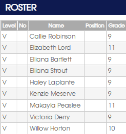 Roster of players: names, positions, and grades. Mostly grade 9 students.