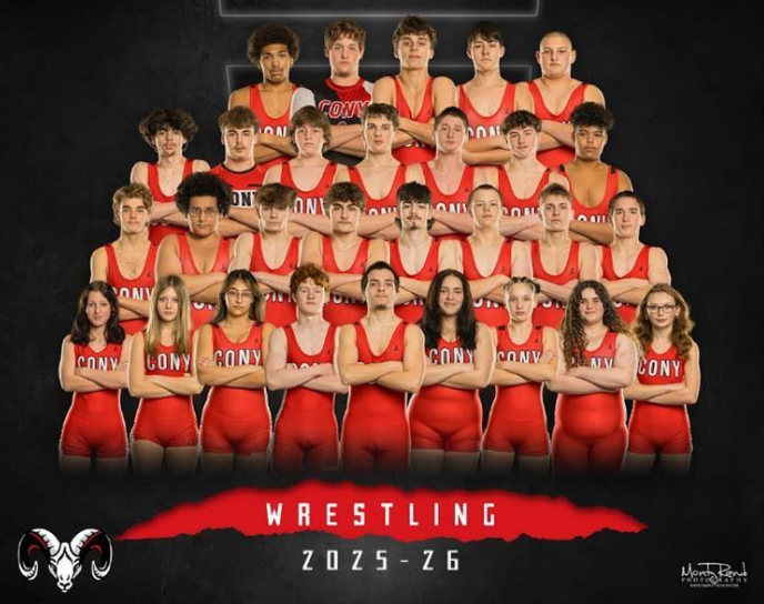 Wrestling team photo in red uniforms. 