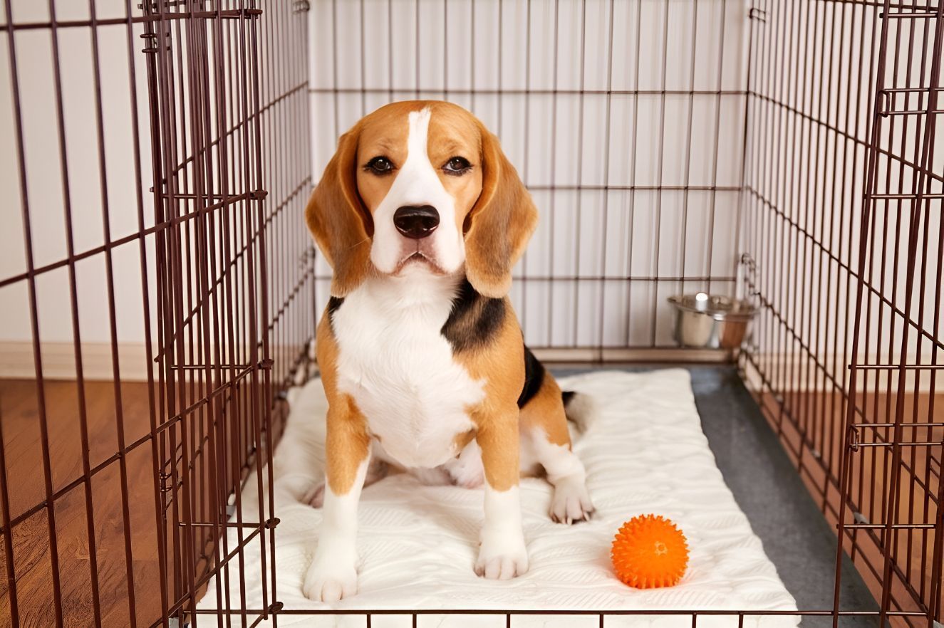 A Beagle Puppy Is Sitting In A Cage Next To An Orange Ball — Blue & White Veterinary Clinic In Woolgoolga, NSW