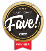 Our Town Fave! 2022 winner badge with gold, black, and red ribbon