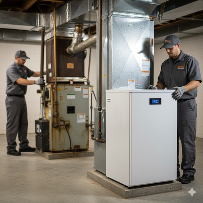 Two HVAC technicians installing new heating unit next to old furnace in a basement.