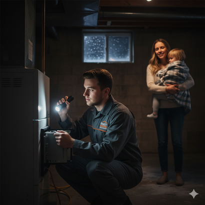 HVAC technician inspects furnace with a flashlight as a woman holds a child in a basement.