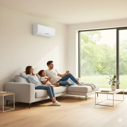 Family relaxing on a couch, air conditioner above them, large window showing green trees.
