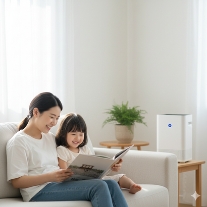 Woman and child reading on a couch near an air purifier in a bright room.