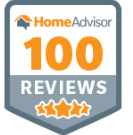 A home advisor 100 reviews badge with three stars on it.