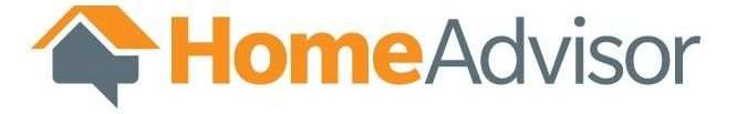 the home advisor logo is orange and blue with an arrow pointing up .