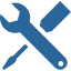 a blue icon of a wrench , screwdriver and spatula .