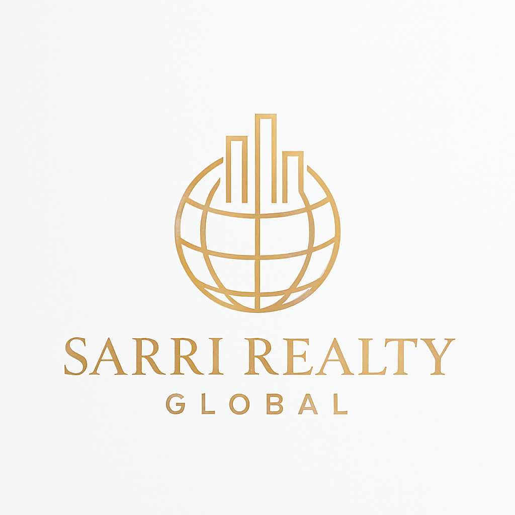 Gold logo of Sarri Realty Global: Globe with building silhouettes.