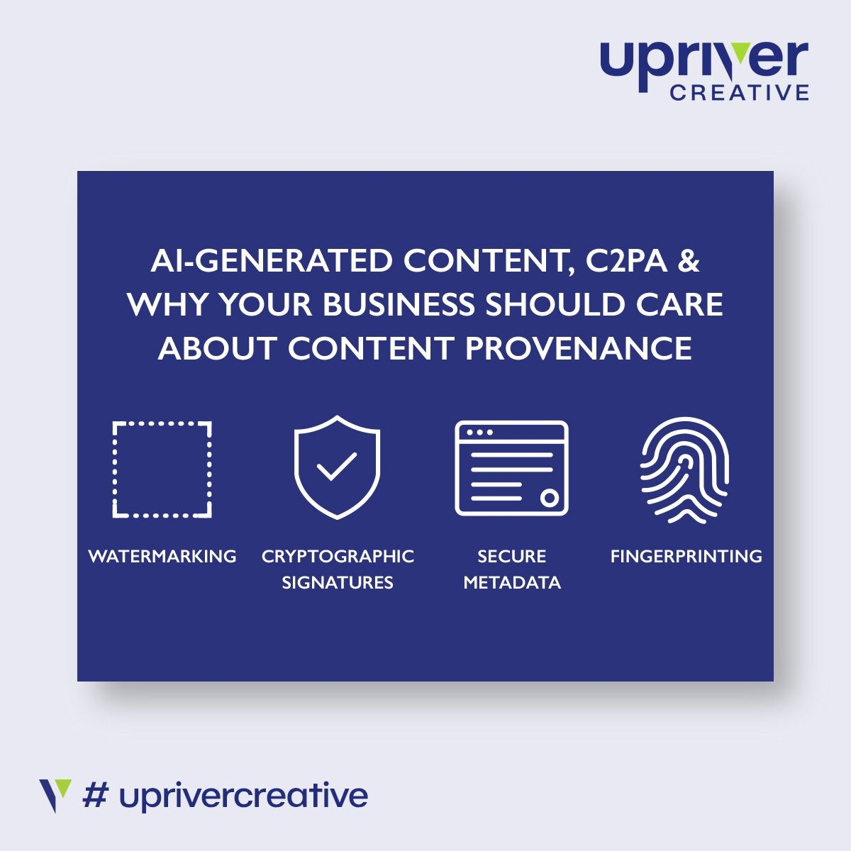 Infographic on content provenance with a dark blue background and white text and icons. Keywords: watermarking, signatures, metadata, and fingerprinting.