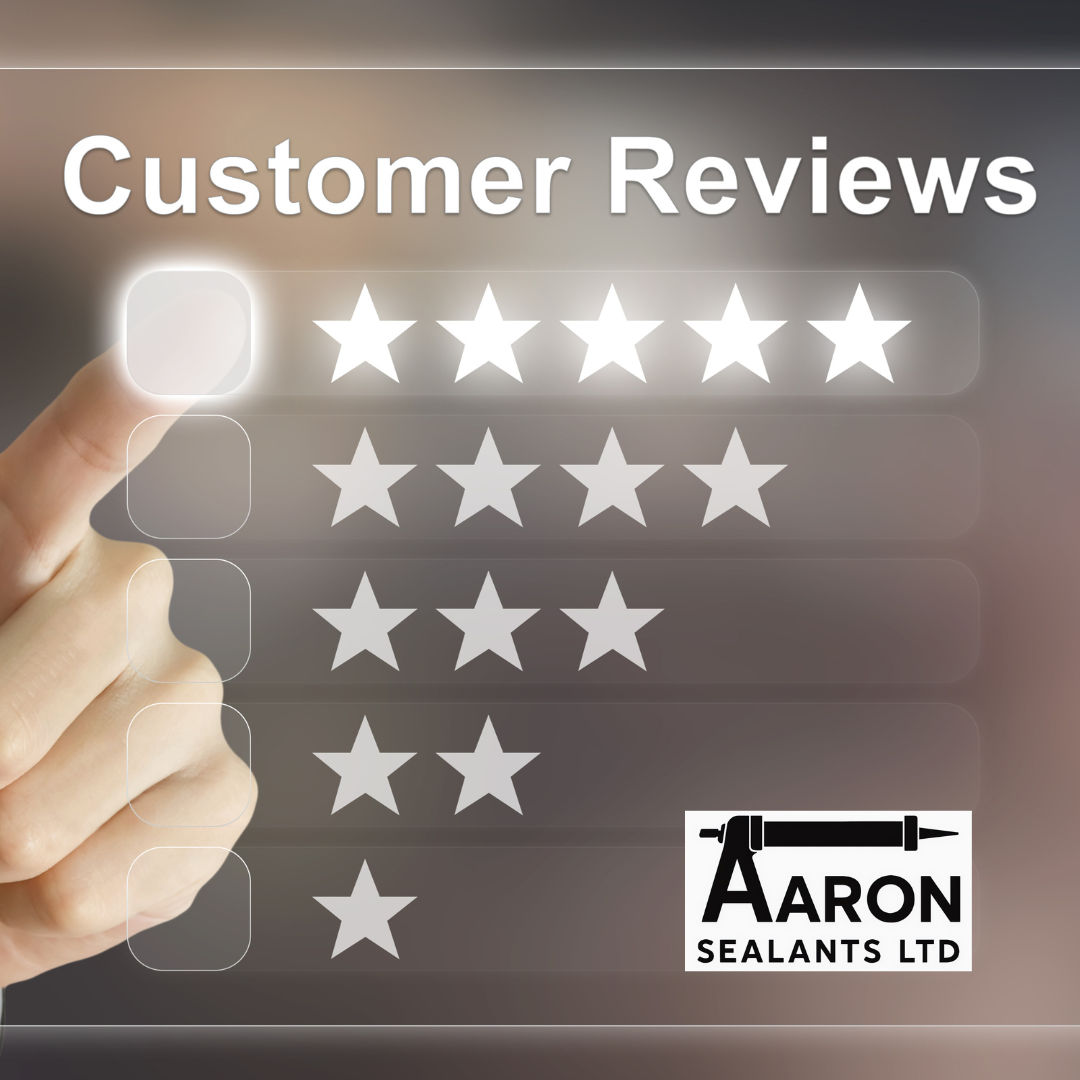Hand touching a digital customer review form, selecting five stars. Aaron Sealants Ltd logo in corner.
