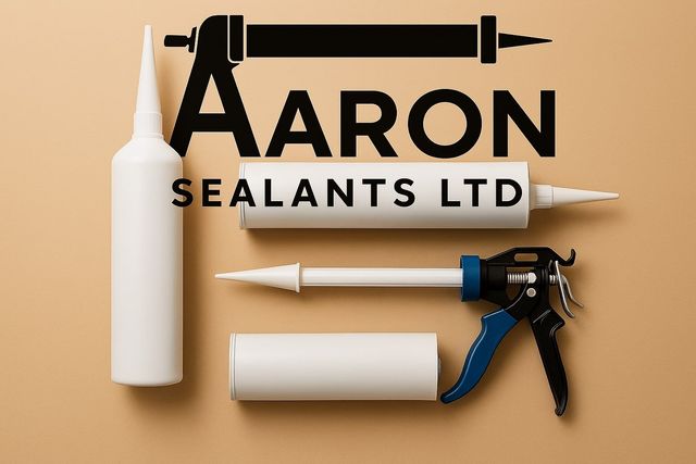 Aaron Sealants Ltd. logo with sealant tubes and caulking guns on a beige background.