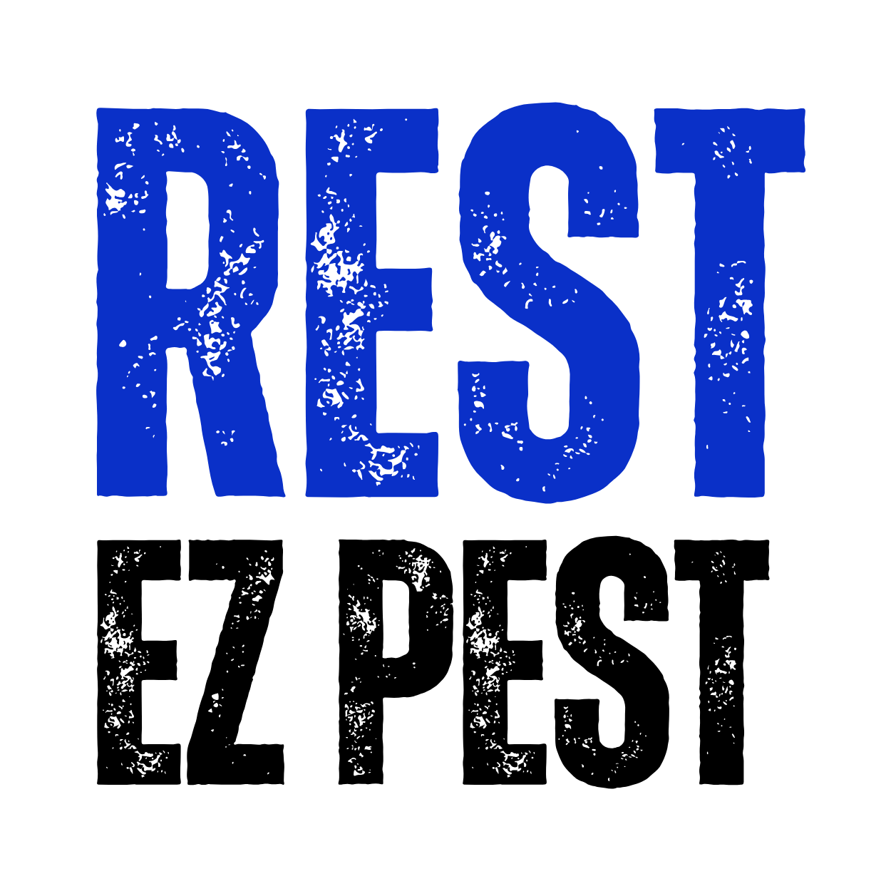 Blue "REST" above black "EZ PEST" text, grunge style, on white background.