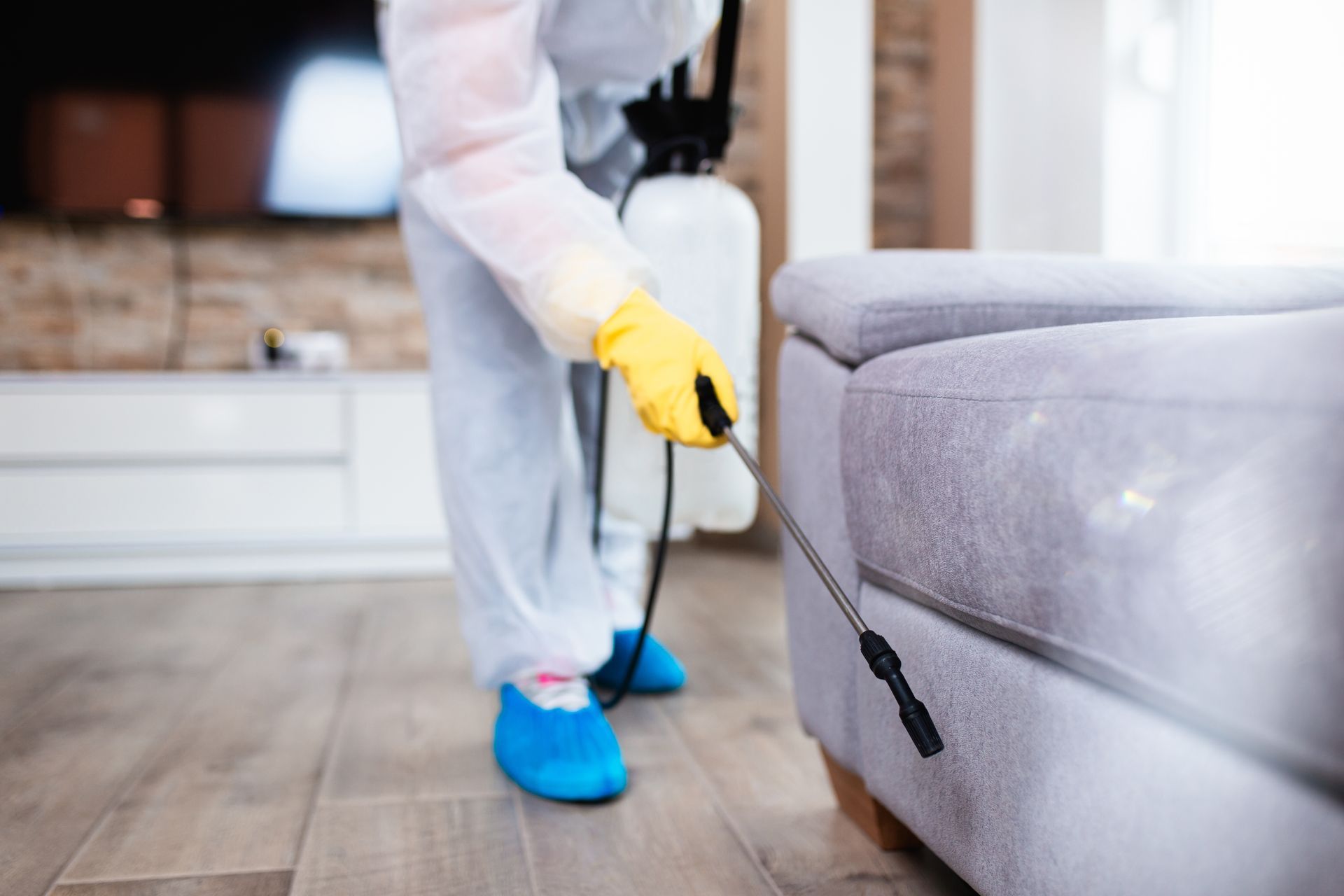 Person in protective suit spraying a gray couch in a living room.
