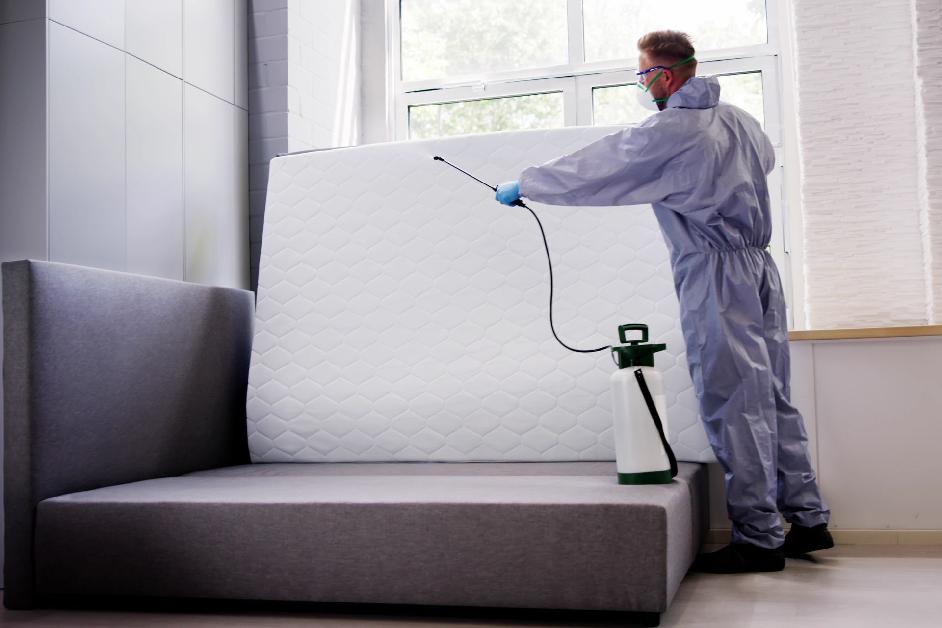 Person in protective suit spraying a mattress with a pesticide, indoors near a window.