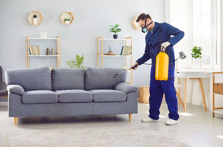 Pest control worker spraying couch in a living room; wearing protective gear.