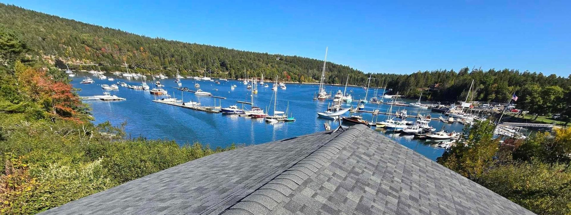 Wide marina with many sailboats and yachts in a blue bay, viewed from a paved path between green hills.