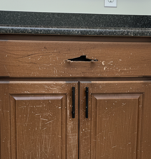 Damaged brown kitchen cabinet with a hole in the drawer front, below a dark countertop.