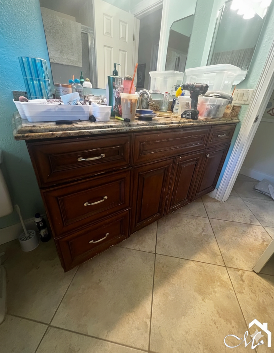 Bathroom vanity with brown cabinets, marble countertop, and cluttered surface.