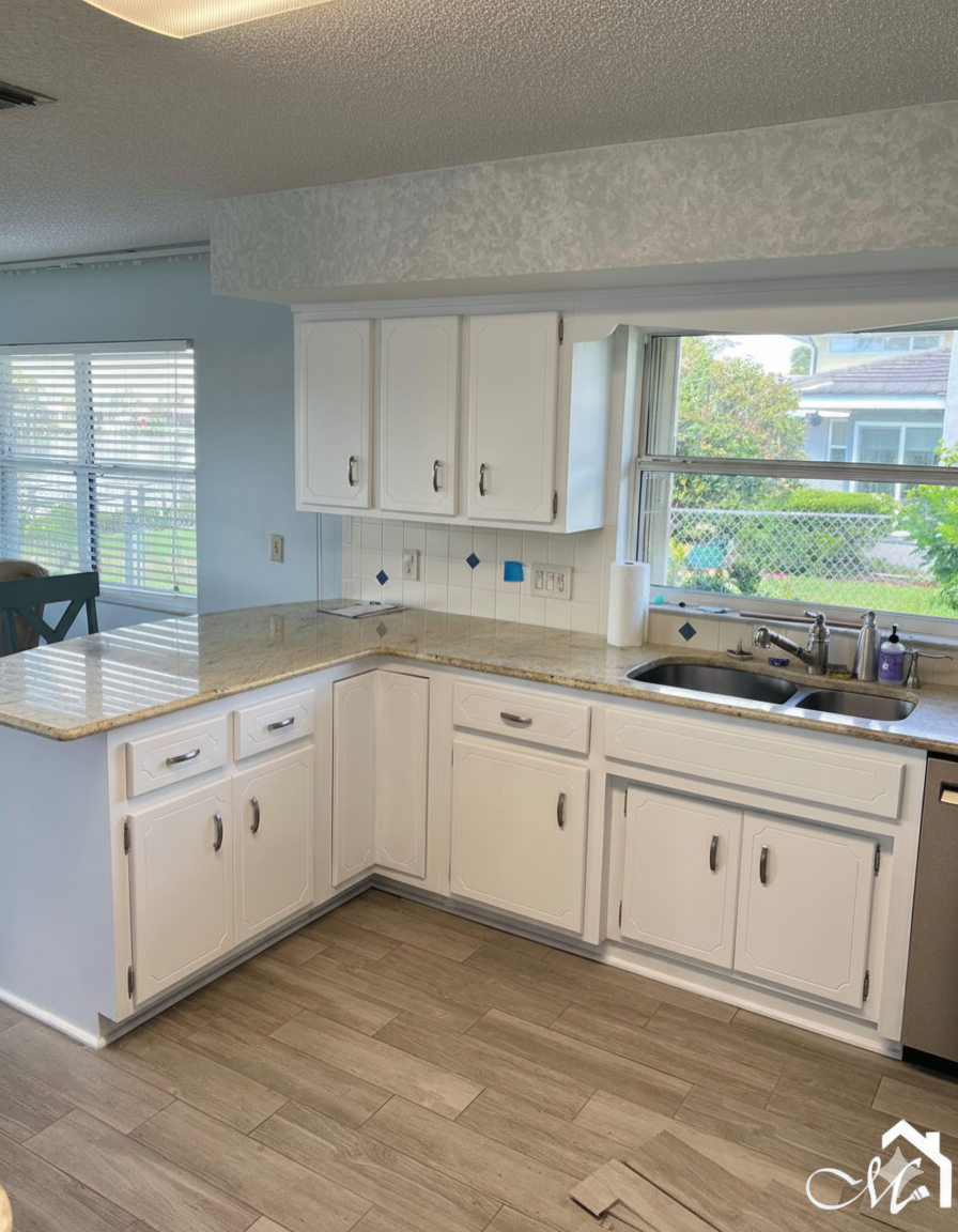 White kitchen with granite countertops, cabinets, and a window overlooking a backyard.