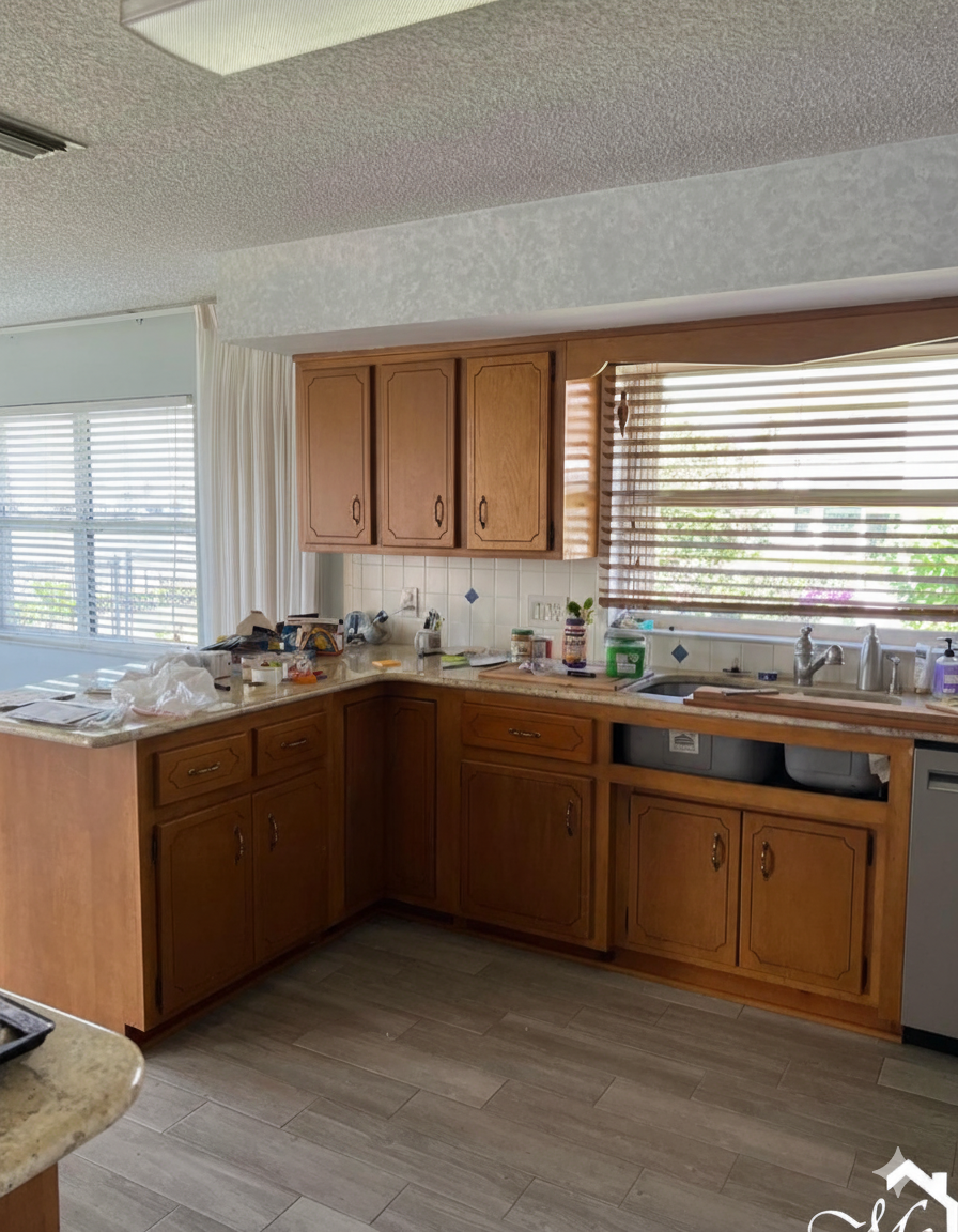 L-shaped kitchen with wood cabinets, granite countertops, and a window with blinds.