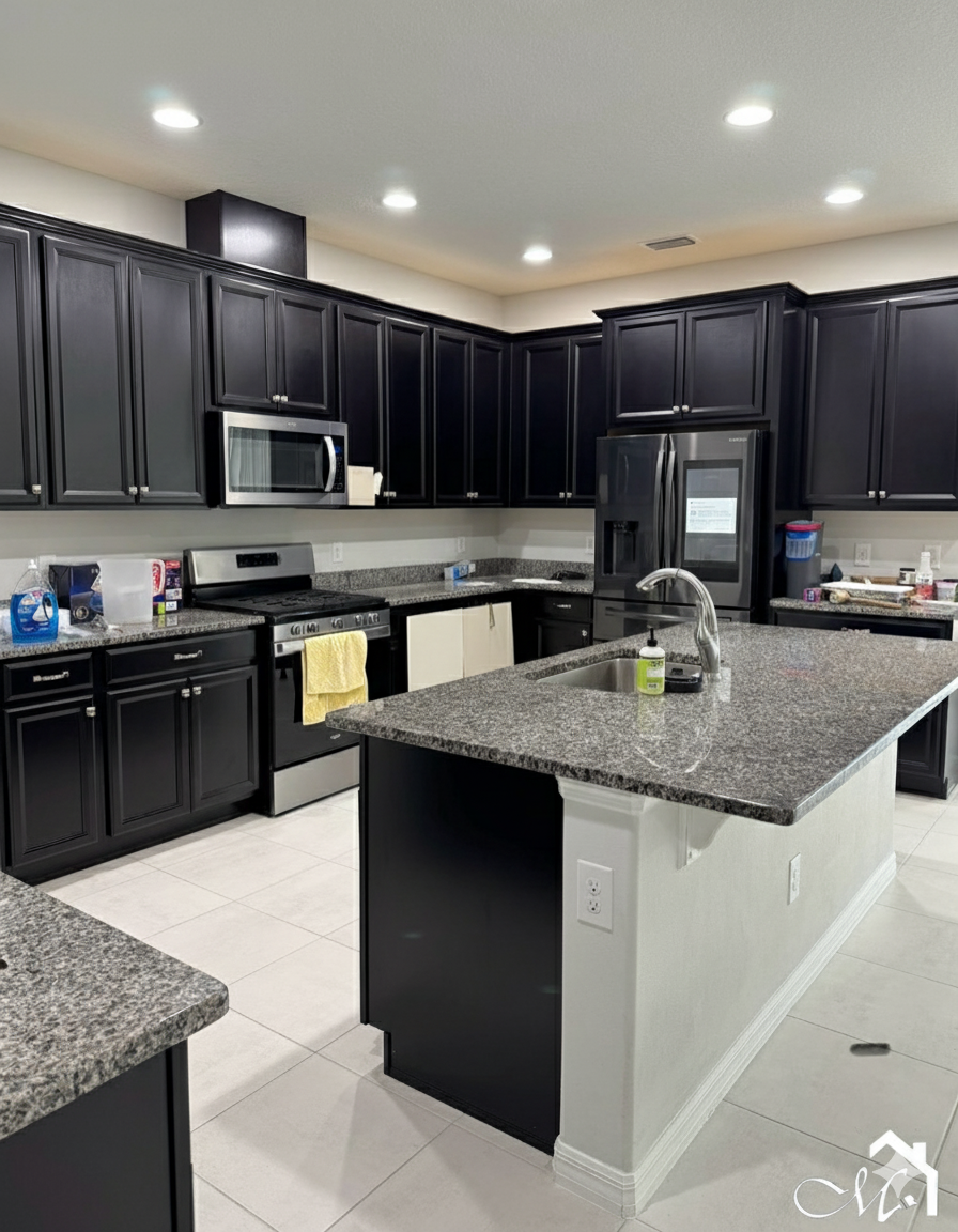 Black cabinets and island with gray countertops in a kitchen with white tiled floor.