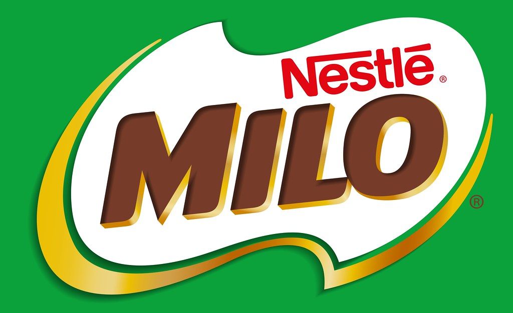 Milo drink logo with brown letters on white background, surrounded by yellow and green.